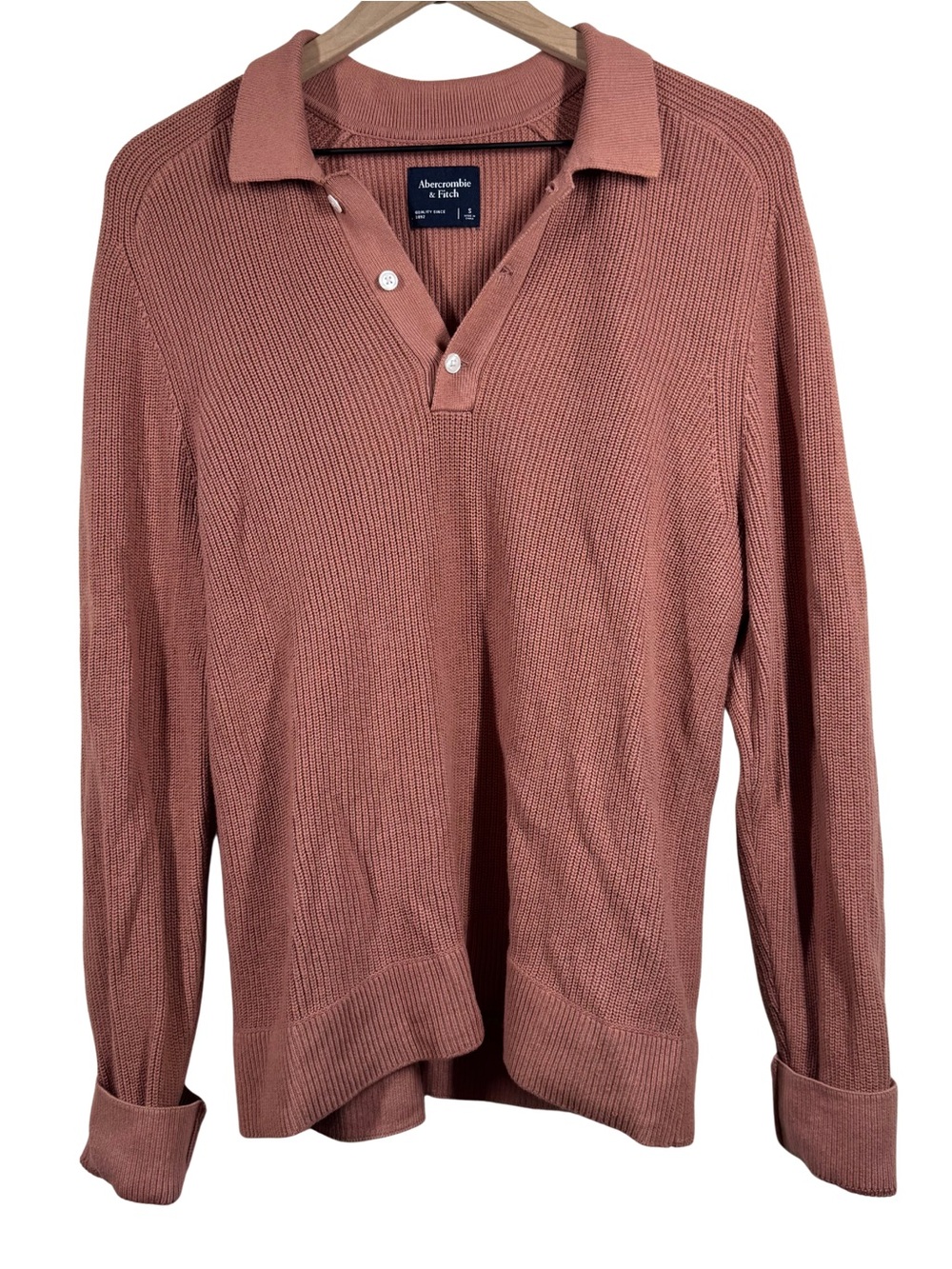 Abercrombie & Fitch Men's Small Terracotta Long Sleeve Knit Cotton Polo Shirt